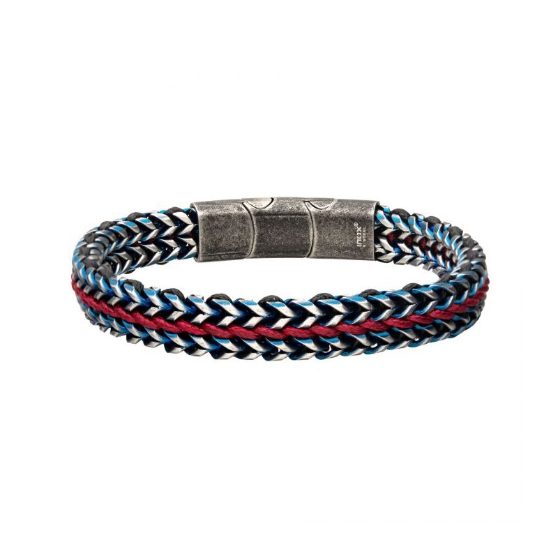 INOX Jewelry Allegiance Stainless Steel Bracelets with Red Wax Cord binding 2 Blue Antique Brushed Foxtail Links BRSWIRB010BR