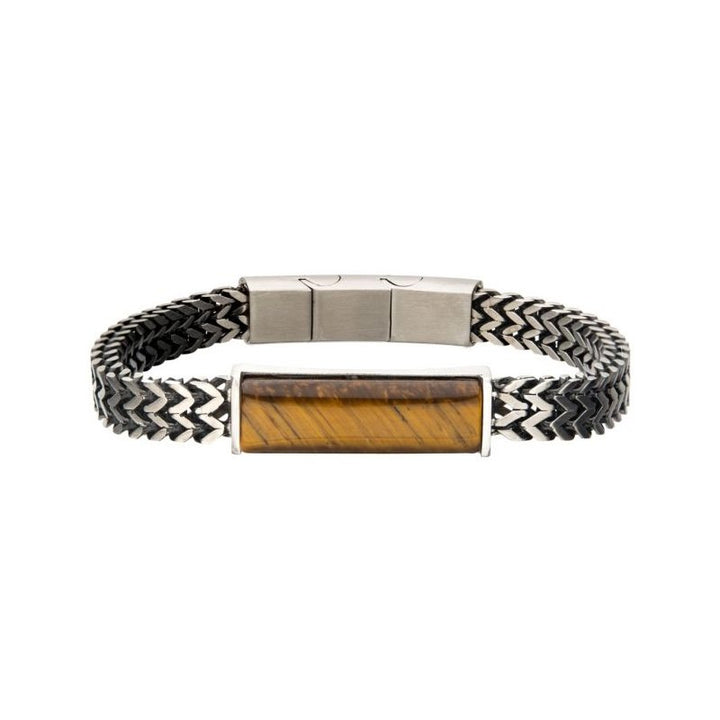 INOX Jewelry Stainless Steel Double Franco Chain with Tiger Eye Stone Bracelet BR30268KTIG