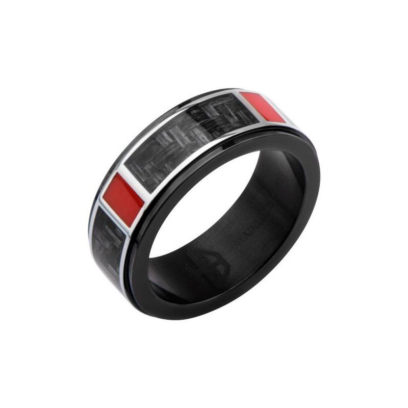 INOX Jewelry Polished Finish Black IP with a dash of red Carbon Fiber Weave Pattern Ring