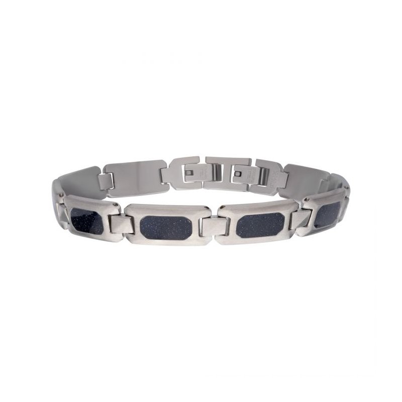 INOX Jewelry Matte Finish Stainless Steel Genuine Blue Sandstone Inlay Link Bracelet BR101