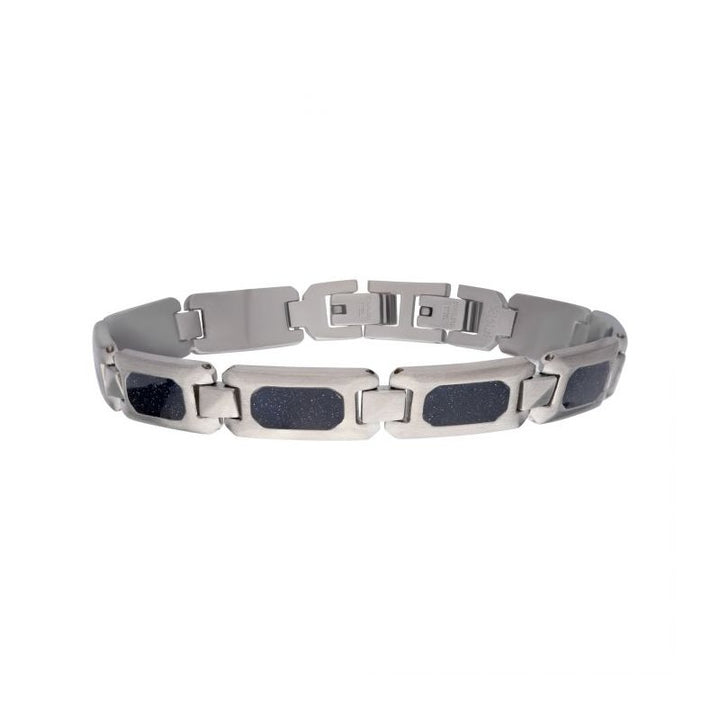 INOX Jewelry Matte Finish Stainless Steel Genuine Blue Sandstone Inlay Link Bracelet BR101