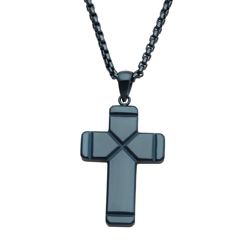 INOX Jewelry Blue IP Ridged Compact Cross Pendant with Cobalt Blue Box Chain SSP15484BLNK