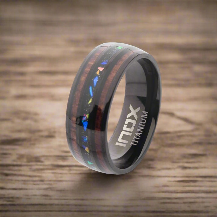 INOX Jewelry Titanium Black IP Wood & Opal Inlay Ring TIFR217