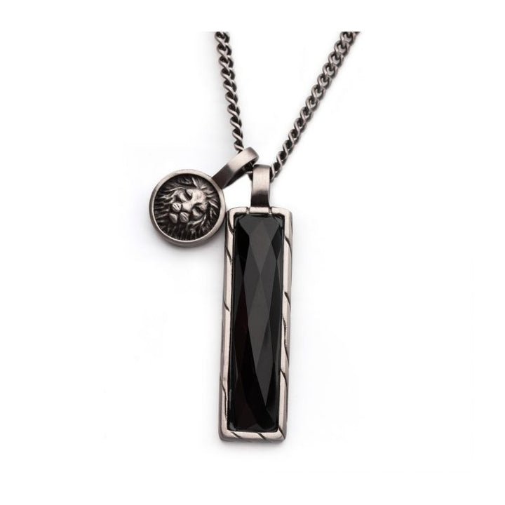 INOX Jewelry Matte Finish Gun Metal IP with African Lion Sigil & Faceted Black Agate Stone Double Pendants with Curb Chain