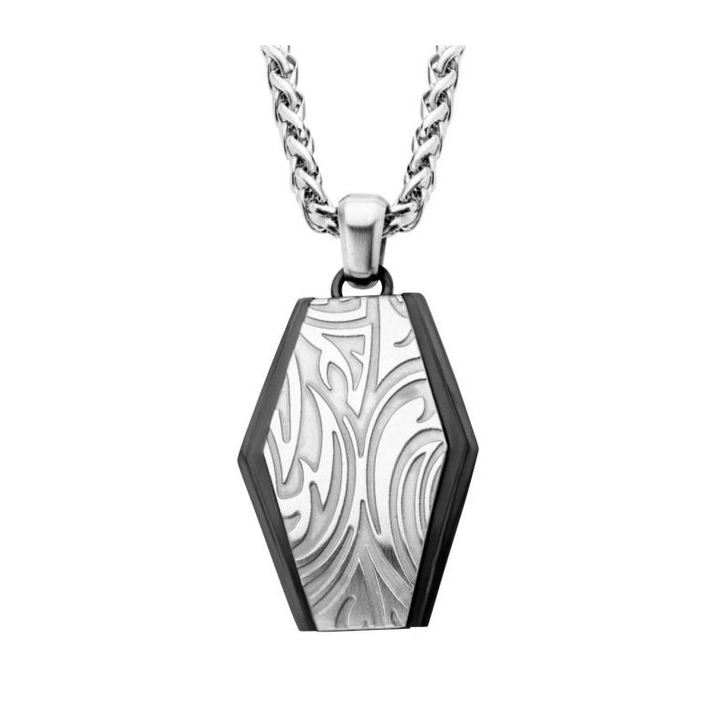 INOX Jewelry Polished Finish Black IP Frame with Brushed Finish Steel Grooves & Crests Dog Tag Pendant with Steel Wheat Chain HBSSP2742-2