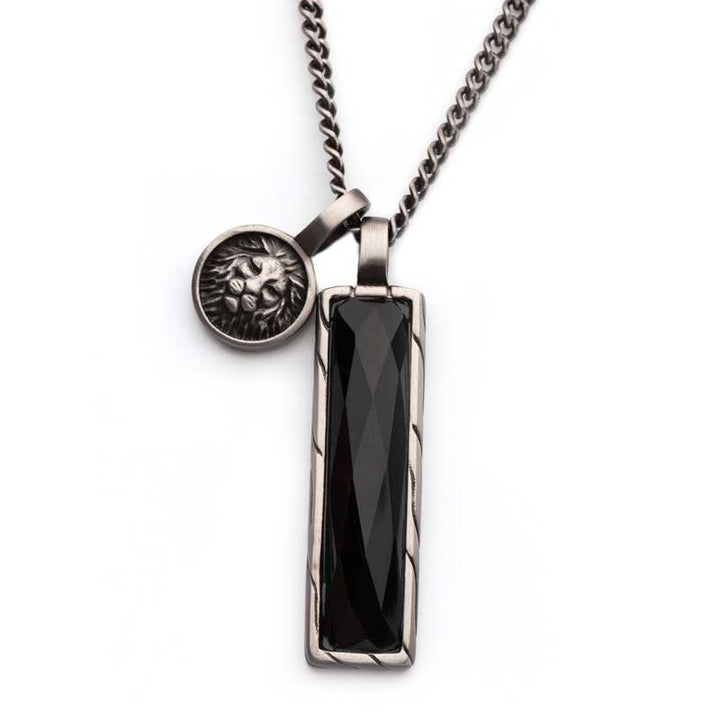 INOX Jewelry Matte Finish Gun Metal IP with African Lion Sigil & Faceted Black Agate Stone Double Pendants with Curb Chain SSP40271GMNK