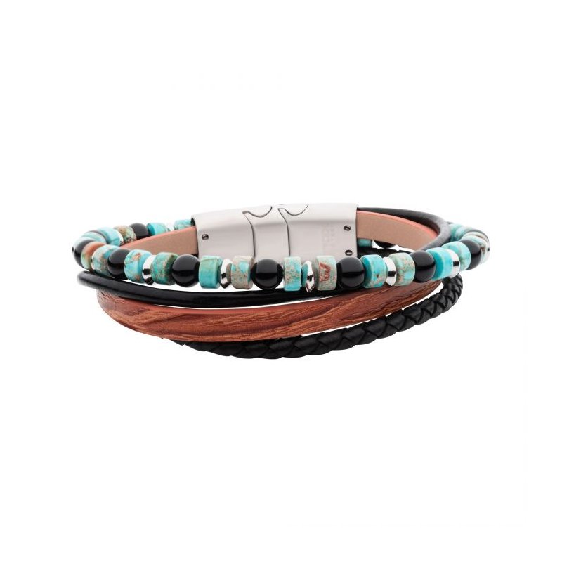 INOX Jewelry Brown & Black Full Grain Cowhide Leather with Black Onyx & Green Emperor Stone Bead Multi-Strand Bracelet BRM1436