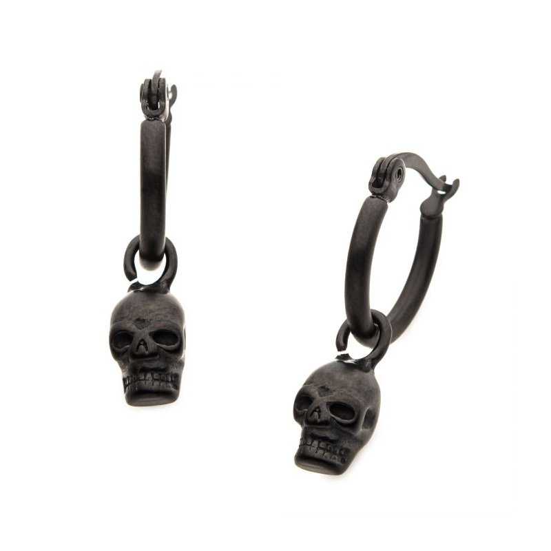 INOX Jewelry Matte Black IP Hoop with Skull Dangle Earrings SSEH113MB