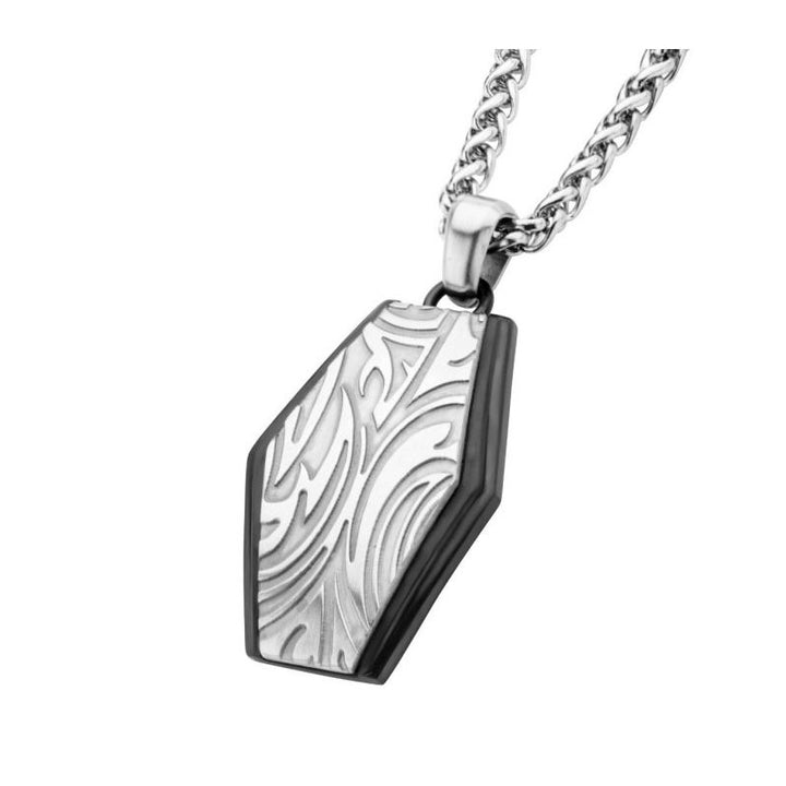 INOX Jewelry Polished Finish Black IP Frame with Brushed Finish Steel Grooves & Crests Dog Tag Pendant with Steel Wheat Chain