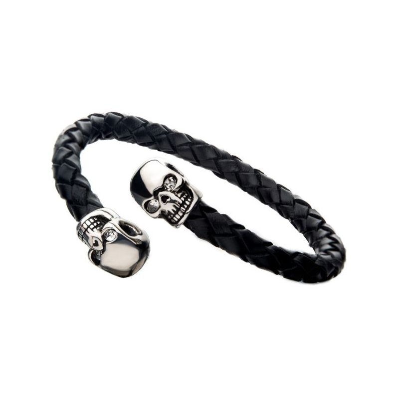 INOX Jewelry Skull Ends Cuff Leather Bracelet